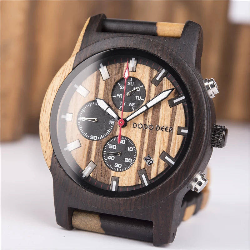 Men’s Quartz Wooden Watch With Luminous Hands And Round Face - Sports Style Wristwatch With Analog Time And Date Display