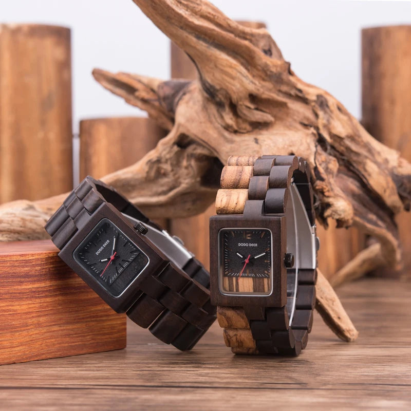 Ladies Wooden Watch With Square Analog Face - Quartz Movement And Retro Display