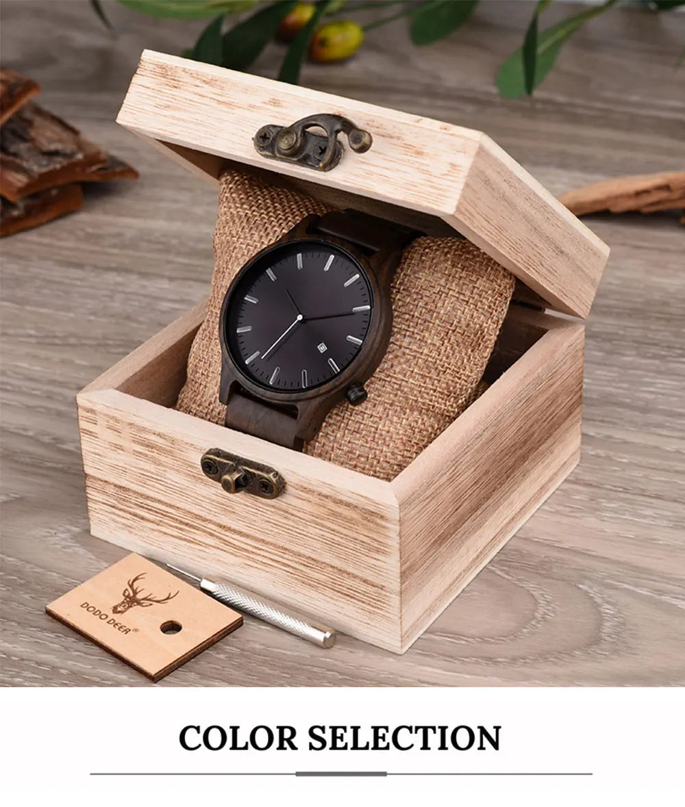 Wooden Watch For Men With Auto Date Round Analog Face - Classic Style And Quartz Movement