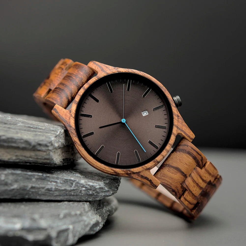 Wooden Watch For Men With Auto Date Round Analog Face - Classic Style And Quartz Movement