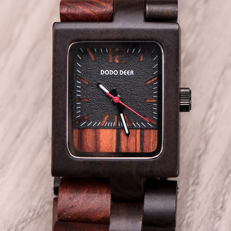 Ladies Wooden Watch With Square Analog Face - Quartz Movement And Retro Display