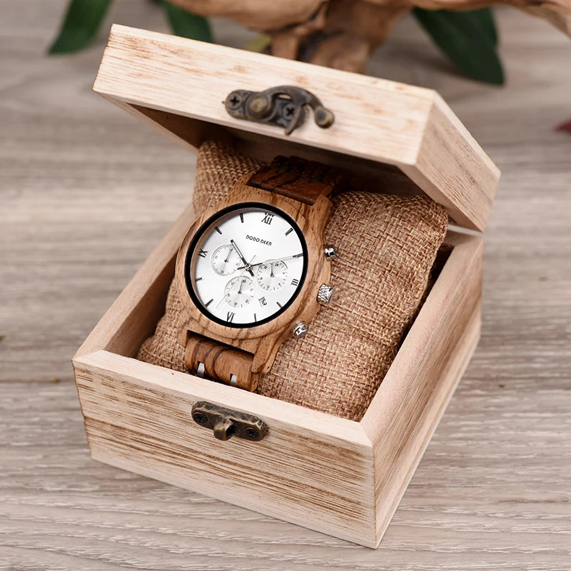 Men’s Classic Sports Wooden Watch - Round Analog Face With Date Display