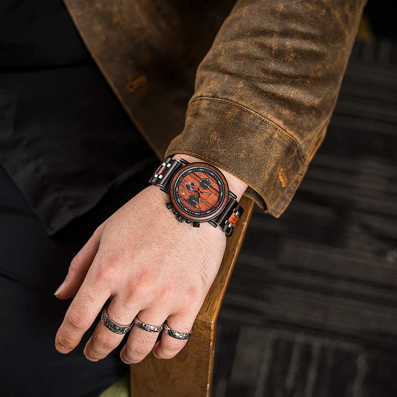 Classic Fashion Men’s Wooden Watch - Red Sandalwood Chronograph Quartz Movement Wristwatch