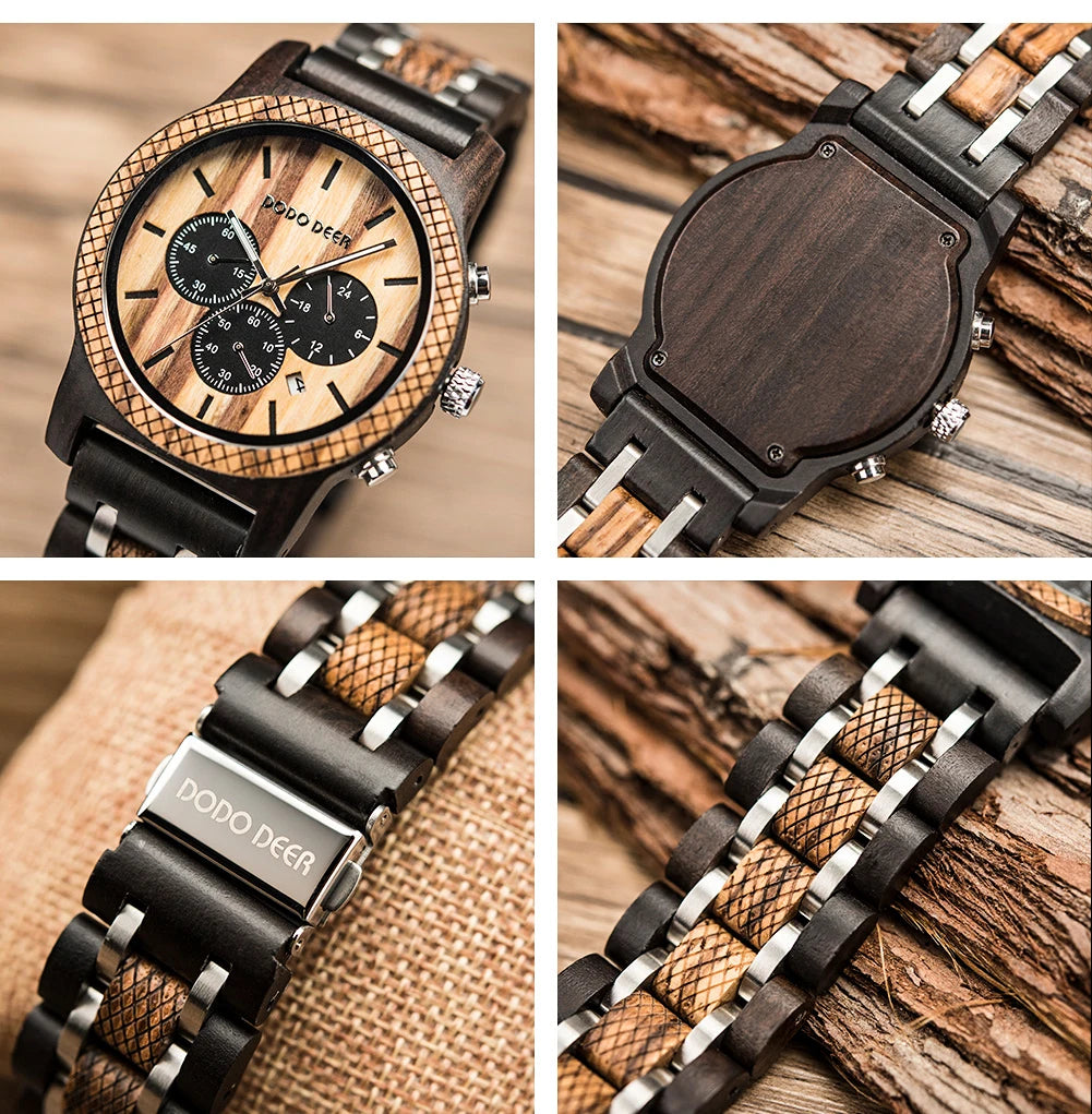 Mens Quartz Movement Wooden Wristwatch - Chronograph Luxury Stopwatch Auto Date Timepiece