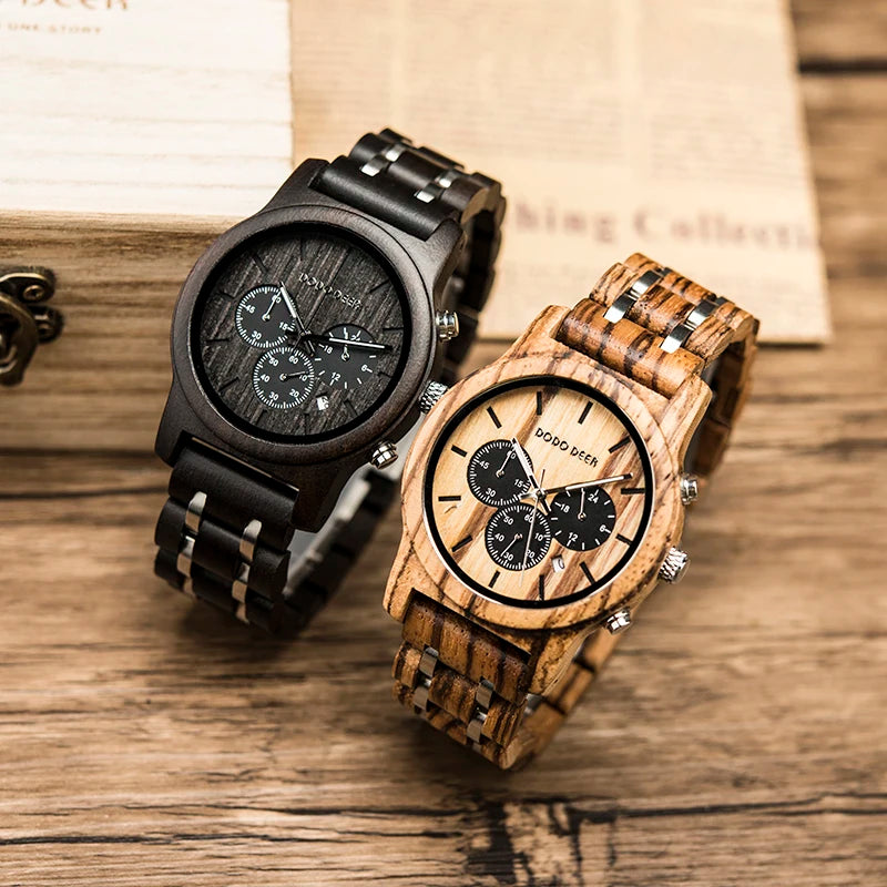 Men’s Wooden Quartz Chronographic Sports Watch - Analog Face With Luminous Hands And Time Date Display