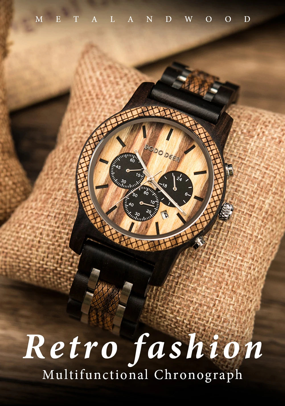Mens Quartz Movement Wooden Wristwatch - Chronograph Luxury Stopwatch Auto Date Timepiece