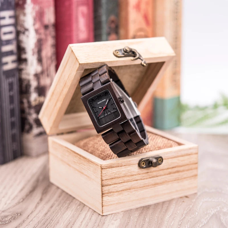 Ladies Wooden Watch With Square Analog Face - Quartz Movement And Retro Display