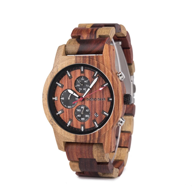 Men’s Quartz Wooden Watch With Luminous Hands And Round Face - Sports Style Wristwatch With Analog Time And Date Display