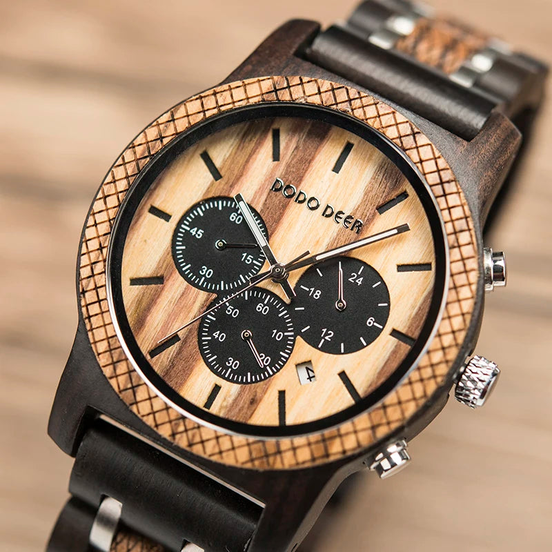 Mens Quartz Movement Wooden Wristwatch - Chronograph Luxury Stopwatch Auto Date Timepiece
