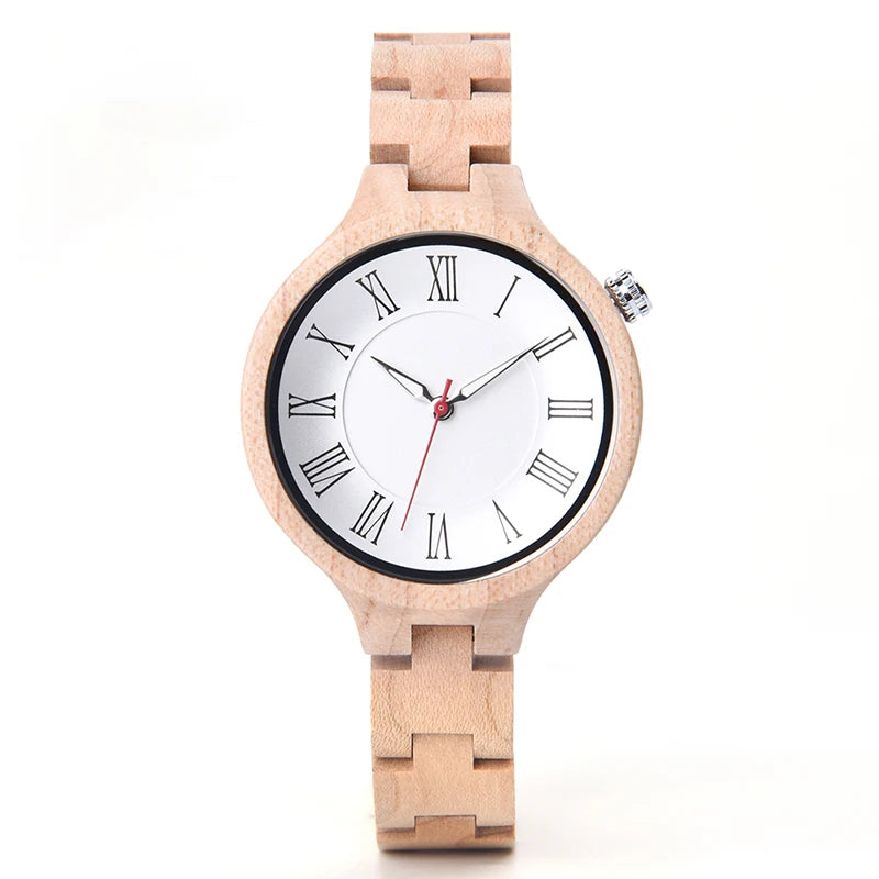 Women's Wooden Fashion Watch - Classic Retro Analog Display With Tound Face And Quartz Movement