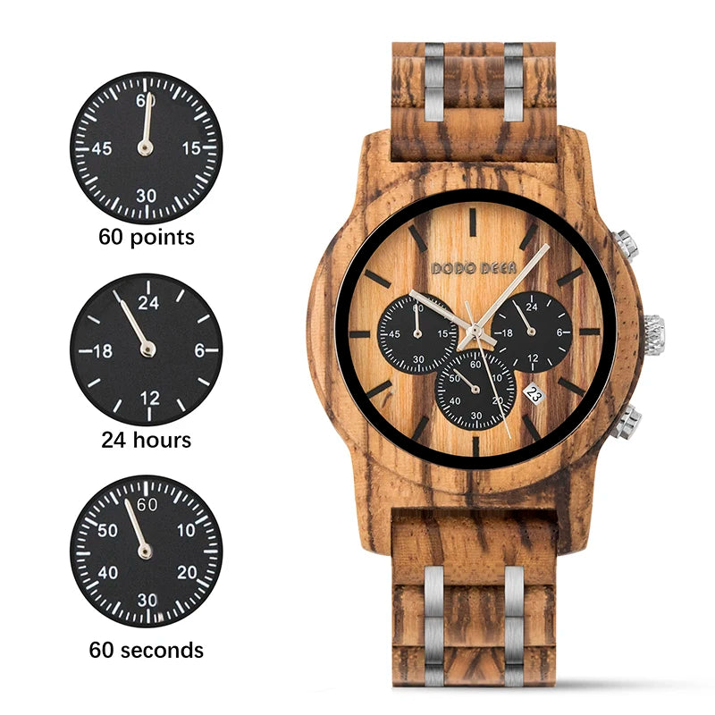 Mens Quartz Movement Wooden Wristwatch - Chronograph Luxury Stopwatch Auto Date Timepiece