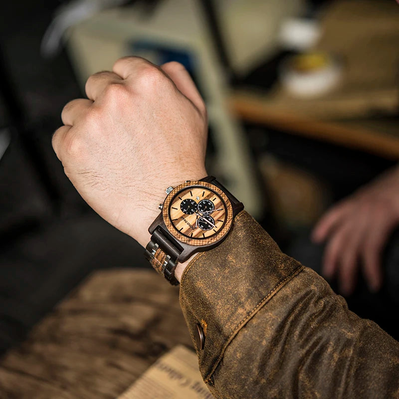 Men’s Wooden Quartz Chronographic Sports Watch - Analog Face With Luminous Hands And Time Date Display