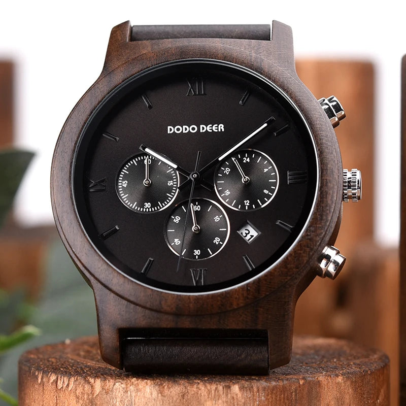 Men’s Classic Sports Wooden Watch - Round Analog Face With Date Display