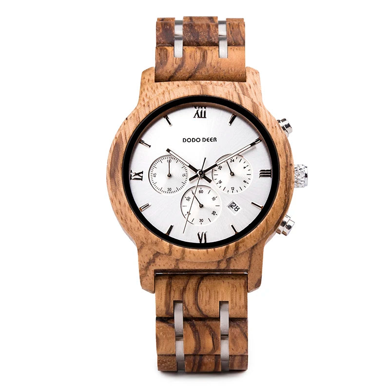 Men’s Classic Sports Wooden Watch - Round Analog Face With Date Display