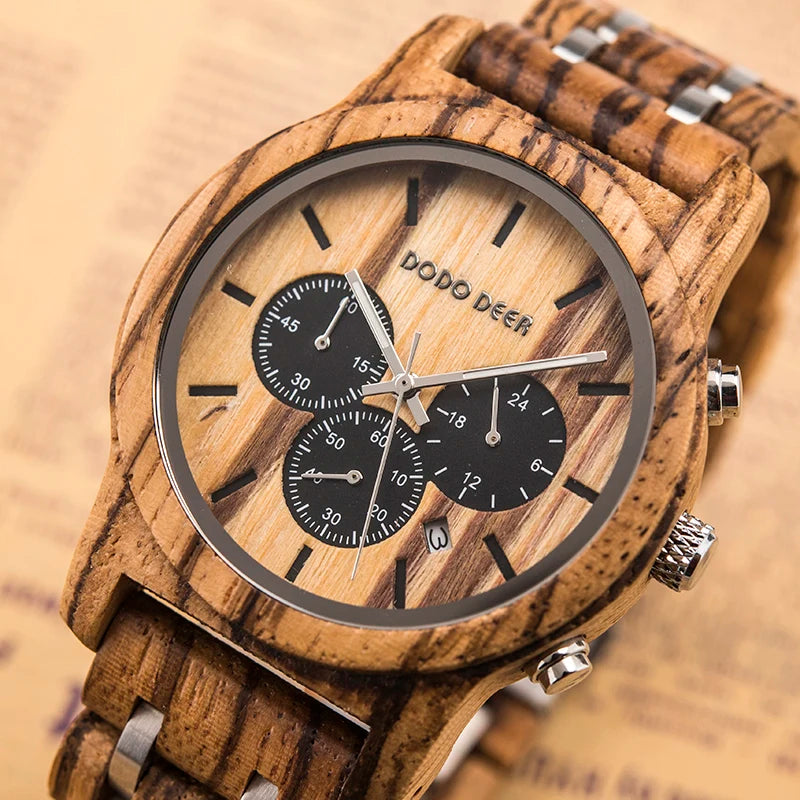 Men’s Wooden Quartz Chronographic Sports Watch - Analog Face With Luminous Hands And Time Date Display