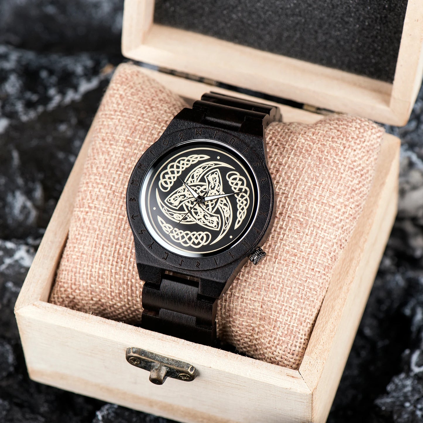 Men's Handmade Wooden Wristwatch - Viking Style Carved Round Face - Quartz Movement