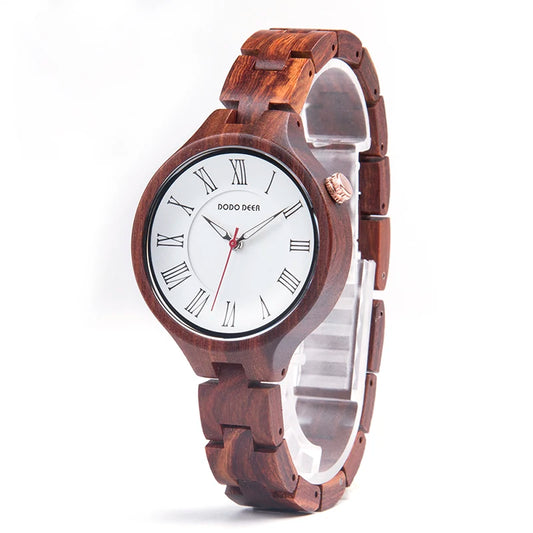 Simple Wooden Quartz Analog Wrist Watch For Women - Round Face With Roman Numerals