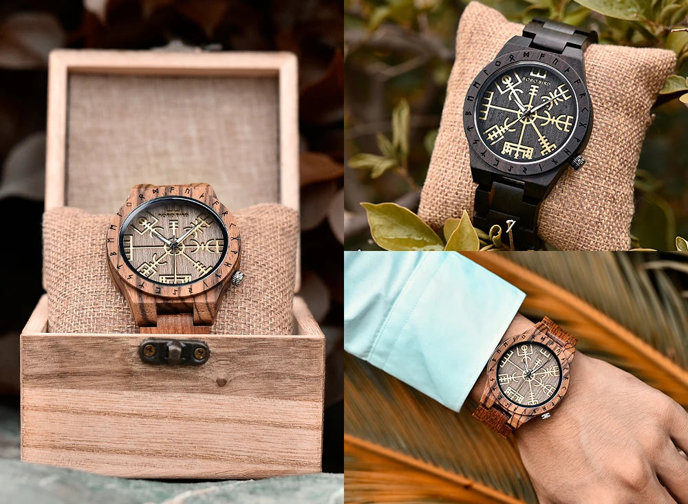 Viking Style Man's Wooden Watches - Vintage Quartz Movement Watch for Men
