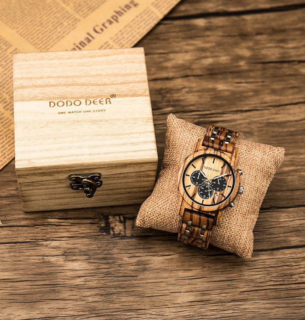 Men’s Wooden Quartz Chronographic Sports Watch - Analog Face With Luminous Hands And Time Date Display