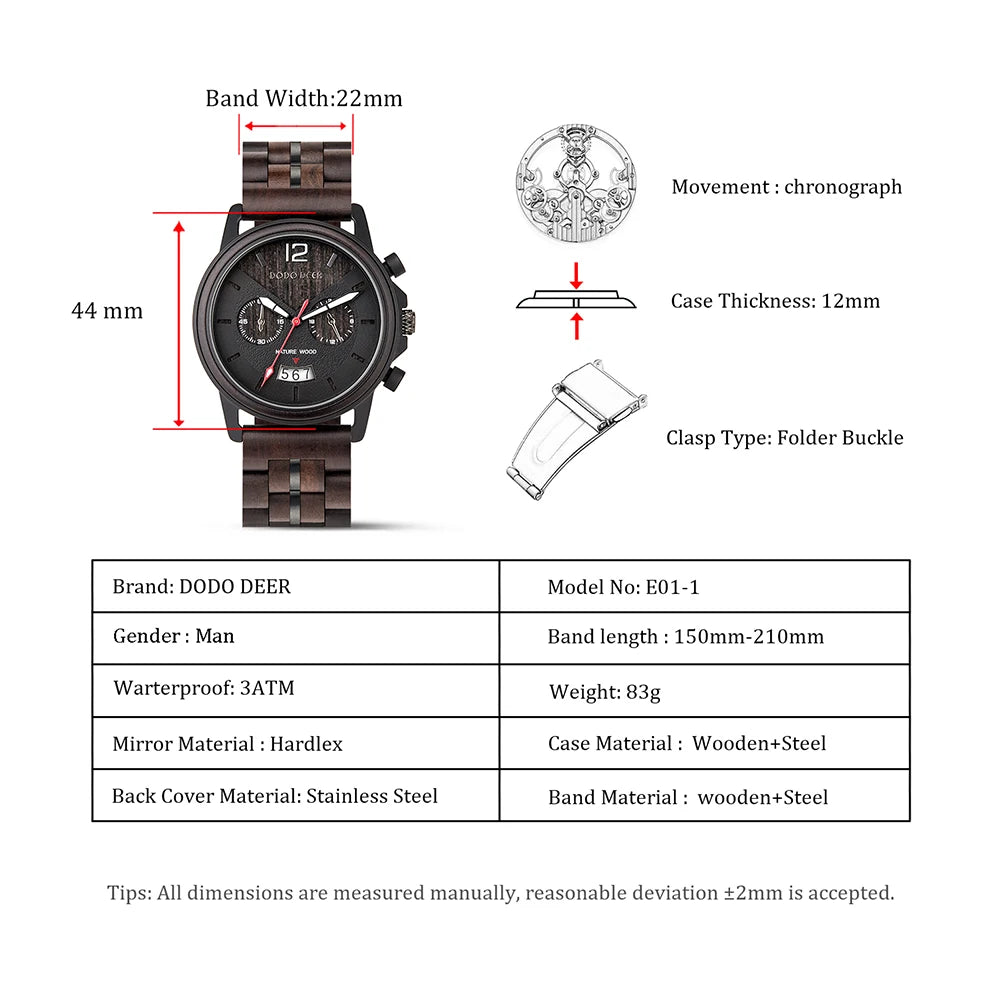 Men’s Classic Fashion Ebony Wooden Quartz Movement Wristwatch - Auto Date Calendar Display