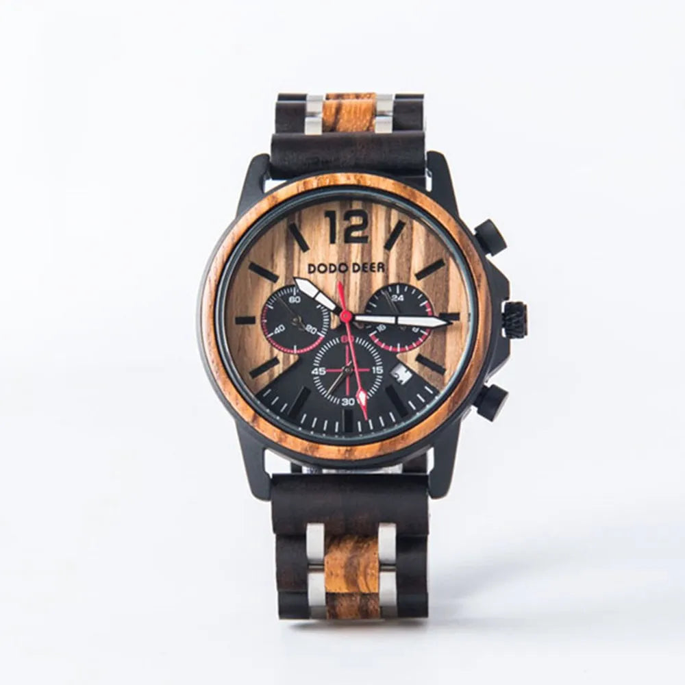 Men’s Stainless Steel And Wood Wrist Watch - Chronographic Sports Face With Analog Date And Time Display