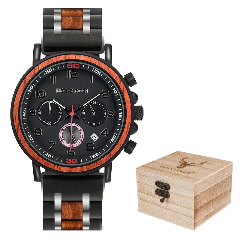 Classic Fashion Men’s Wooden Watch - Red Sandalwood Chronograph Quartz Movement Wristwatch