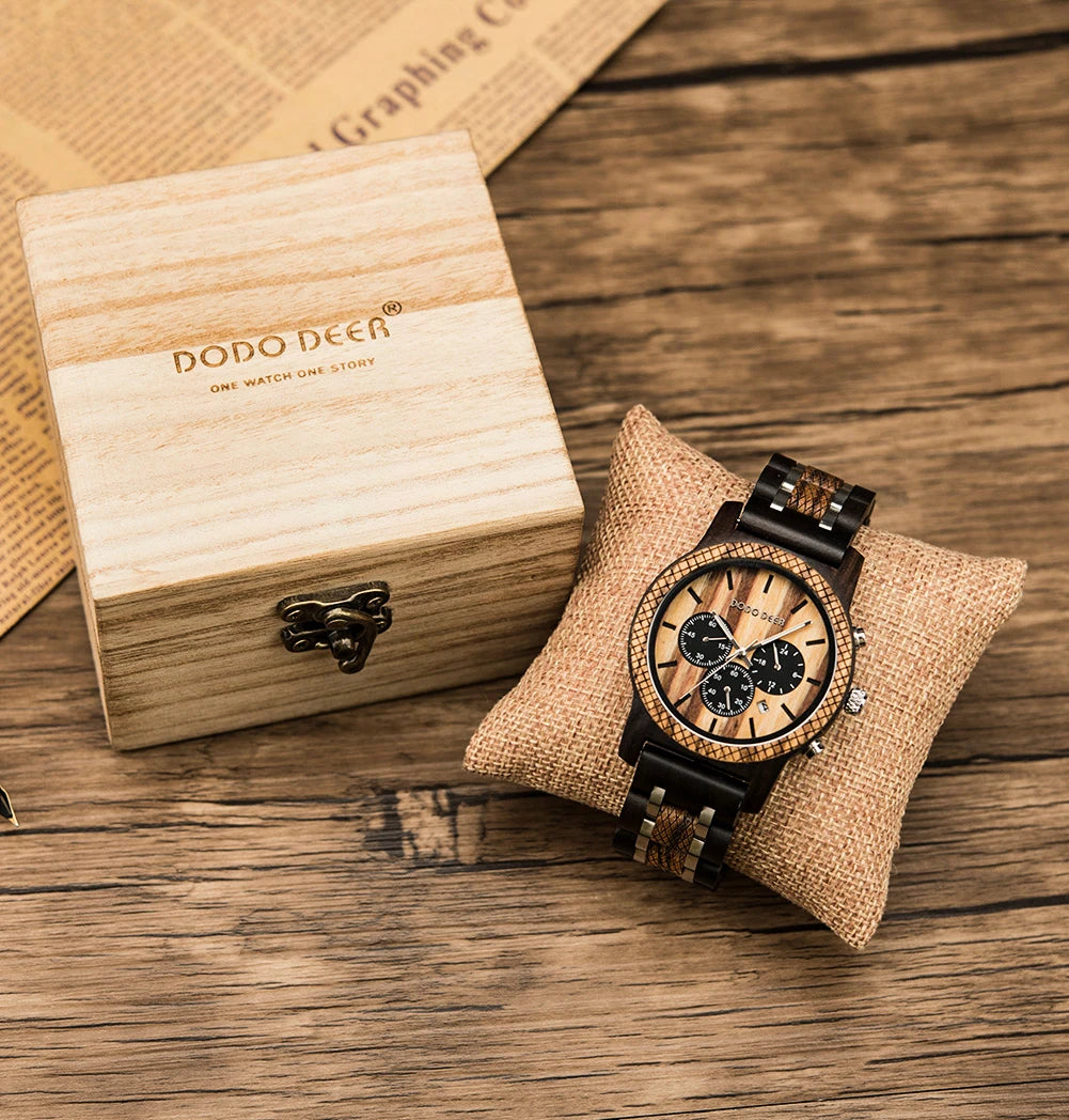 Mens Quartz Movement Wooden Wristwatch - Chronograph Luxury Stopwatch Auto Date Timepiece