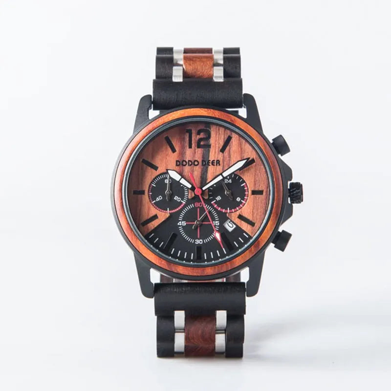 Men’s Stainless Steel And Wood Wrist Watch - Chronographic Sports Face With Analog Date And Time Display