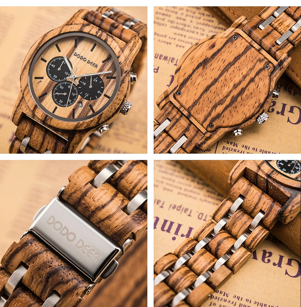 Men’s Wooden Quartz Chronographic Sports Watch - Analog Face With Luminous Hands And Time Date Display