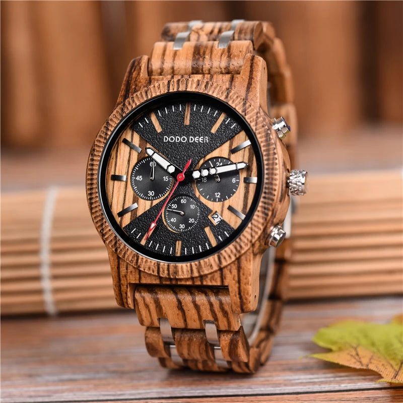Men’s Chronographic Wooden Sports Watch - Date And Time Analog Display With Round Face