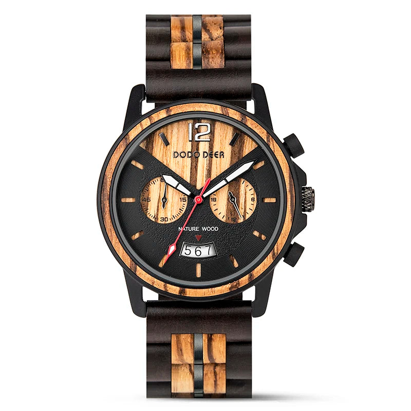 Men’s Classic Fashion Ebony Wooden Quartz Movement Wristwatch - Auto Date Calendar Display