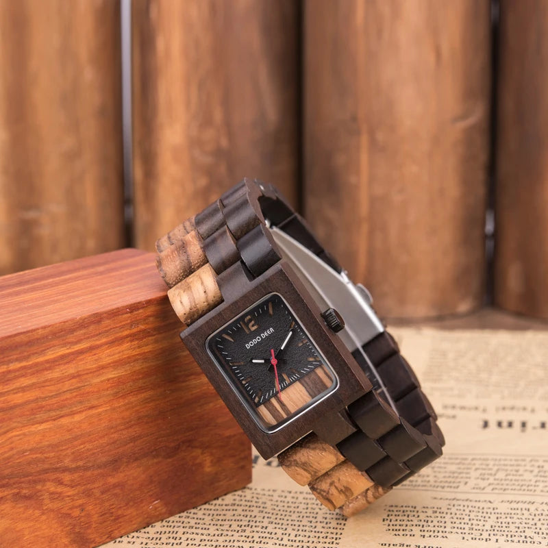 Ladies Wooden Watch With Square Analog Face - Quartz Movement And Retro Display