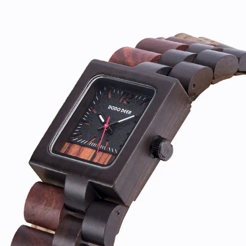 Ladies Wooden Watch With Square Analog Face - Quartz Movement And Retro Display