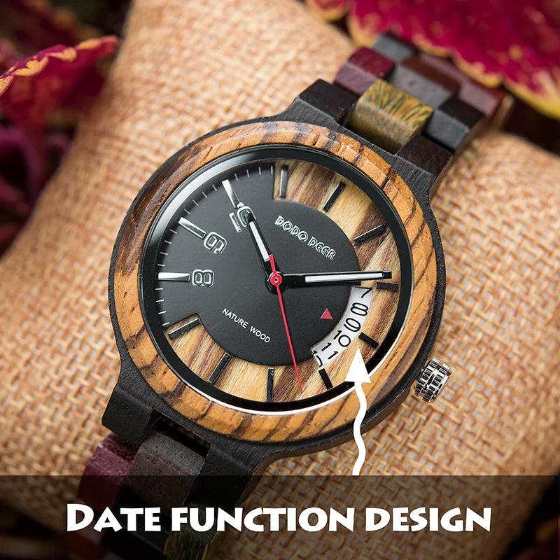 Women’s Fashion Quartz Wristwatches - Analog Face With Date Display - Real Wood Colorful Banded Timepiece For Ladies
