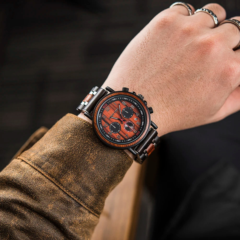 Classic Fashion Men’s Wooden Watch - Red Sandalwood Chronograph Quartz Movement Wristwatch