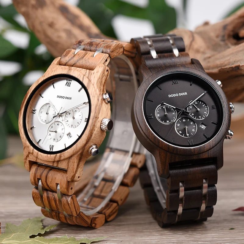 Men’s Classic Sports Wooden Watch - Round Analog Face With Date Display