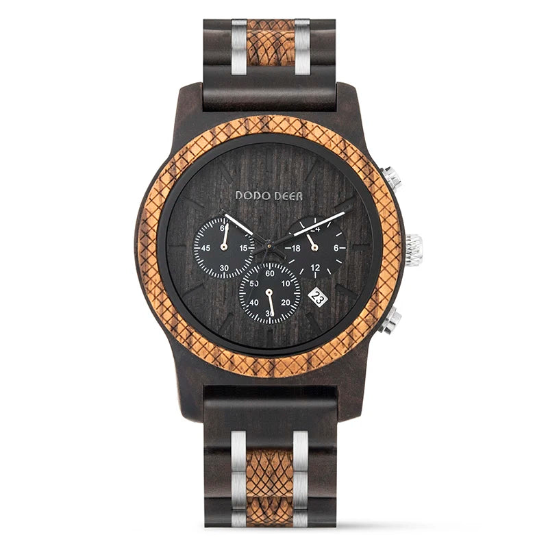 Mens Quartz Movement Wooden Wristwatch - Chronograph Luxury Stopwatch Auto Date Timepiece