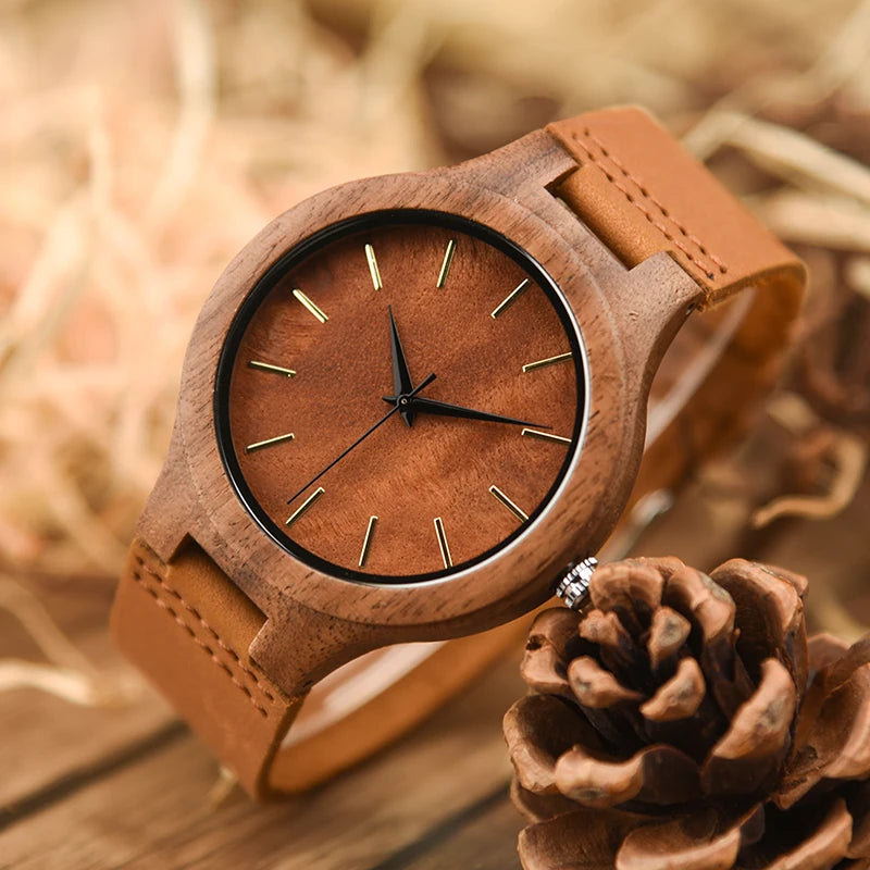 Mens Wooden Face Watch With Leather Wristband - Simple Rustic Timepiece