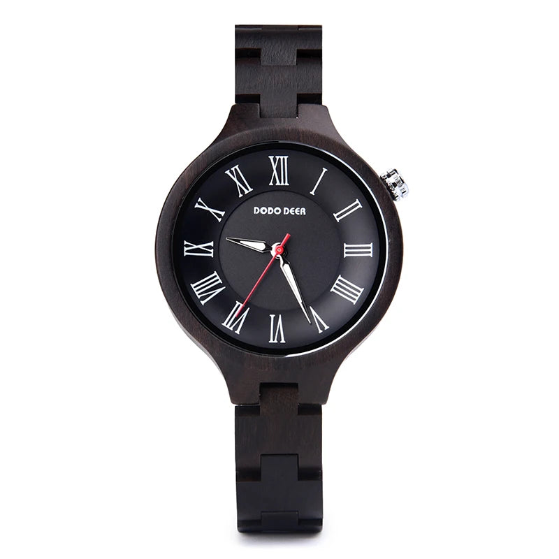 Women’s Quartz Wrist Watch - Ebony Wooden Watch With Luminous Hands - Analog Face & Roman Numerals