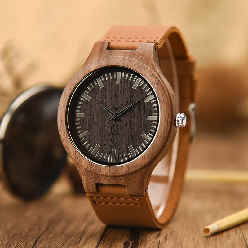 Mens Wooden Face Watch With Leather Wristband - Simple Rustic Timepiece