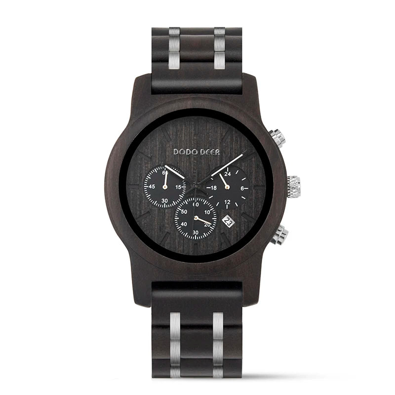 Mens Quartz Movement Wooden Wristwatch - Chronograph Luxury Stopwatch Auto Date Timepiece