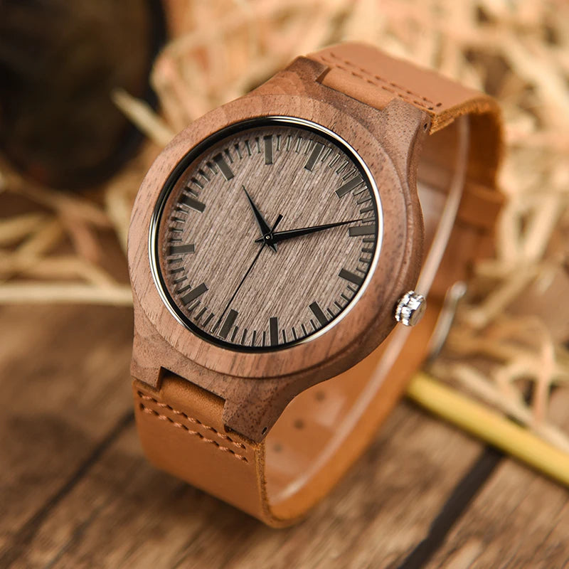 Mens Wooden Face Watch With Leather Wristband - Simple Rustic Timepiece