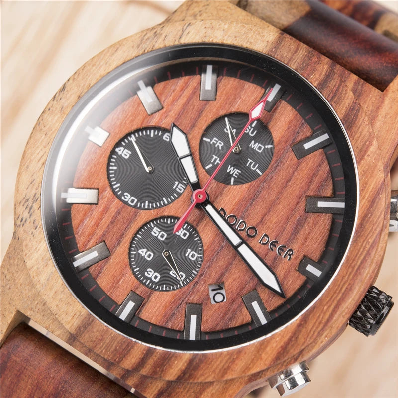 Men’s Quartz Wooden Watch With Luminous Hands And Round Face - Sports Style Wristwatch With Analog Time And Date Display