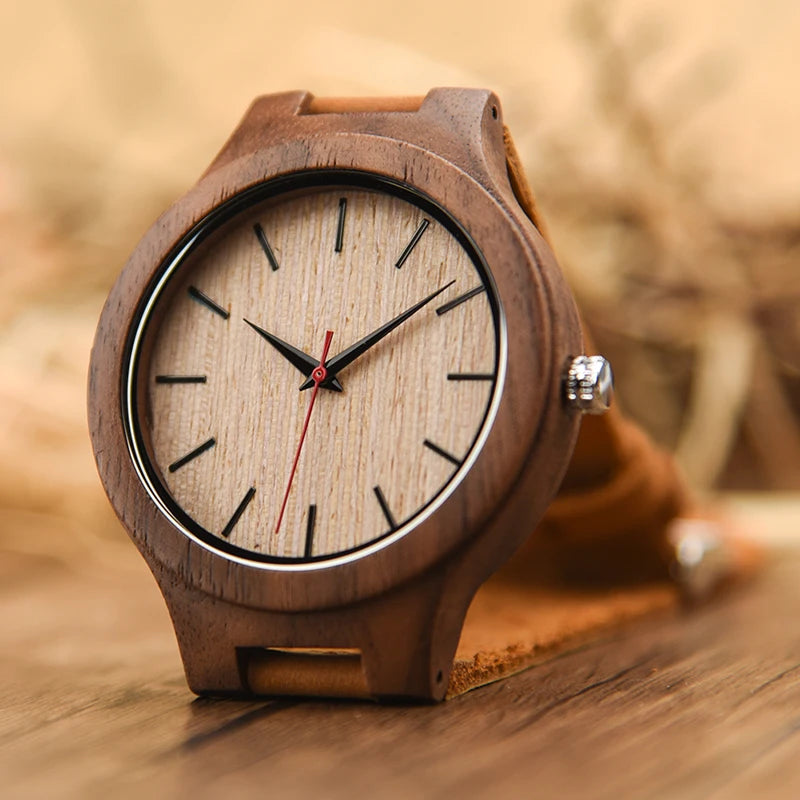 Mens Wooden Face Watch With Leather Wristband - Simple Rustic Timepiece