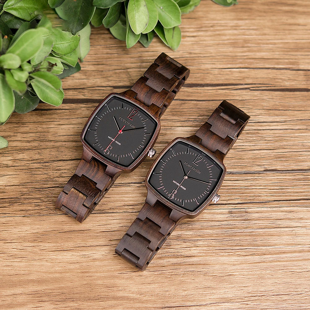 Retro Unisex Wooden Watch for Men or Women - Square Analog Face Unique Hands