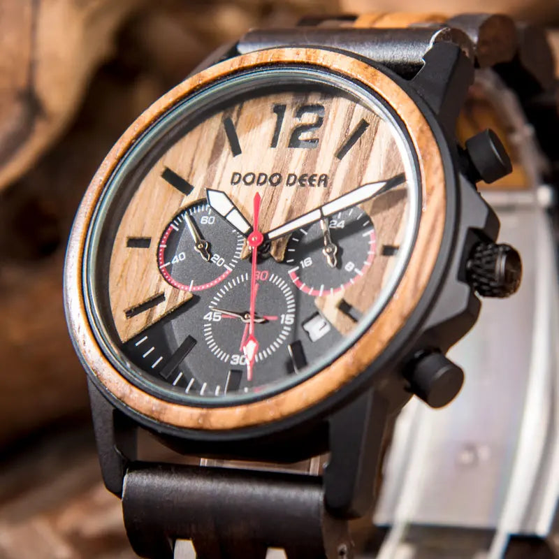 Men’s Stainless Steel And Wood Wrist Watch - Chronographic Sports Face With Analog Date And Time Display