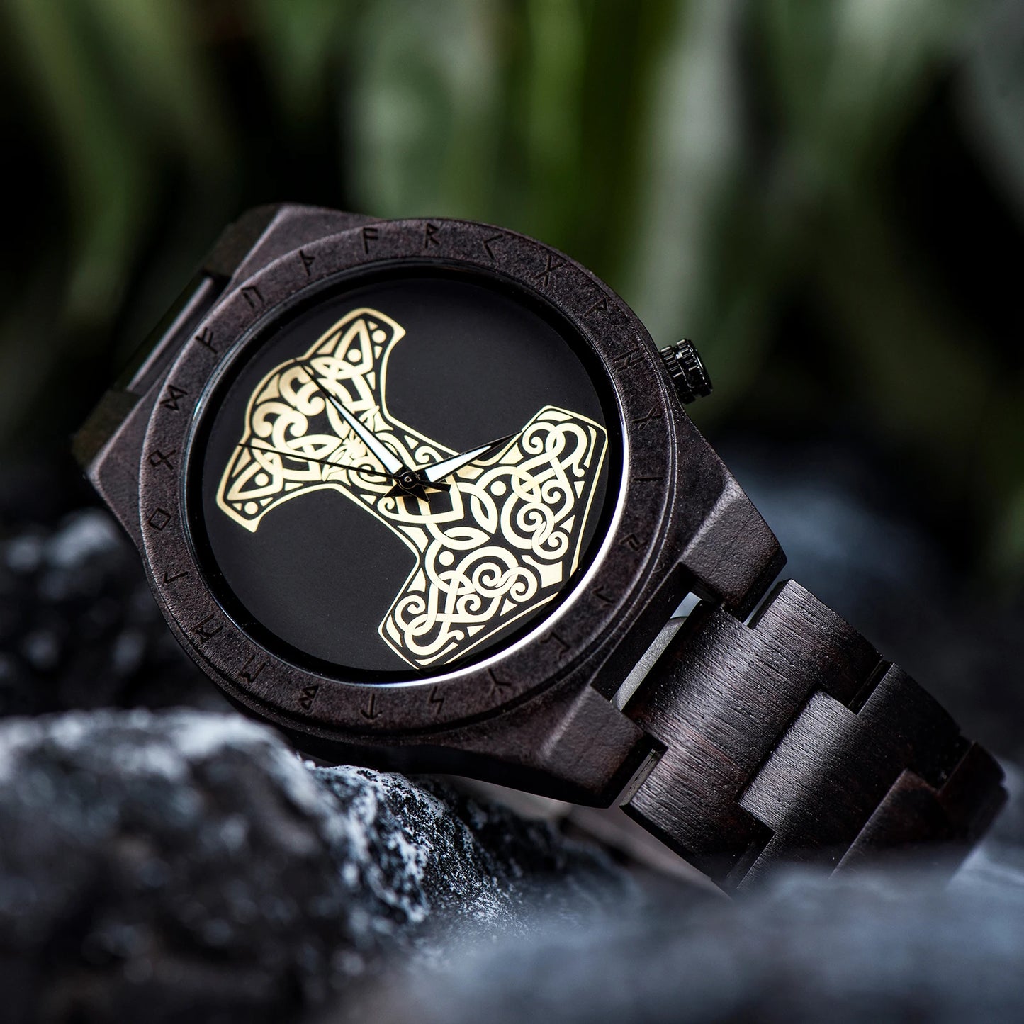 Men's Handmade Wooden Wristwatch - Viking Style Carved Round Face - Quartz Movement