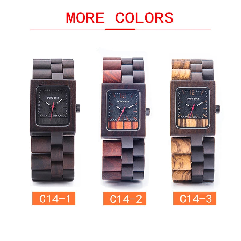 Ladies Wooden Watch With Square Analog Face - Quartz Movement And Retro Display