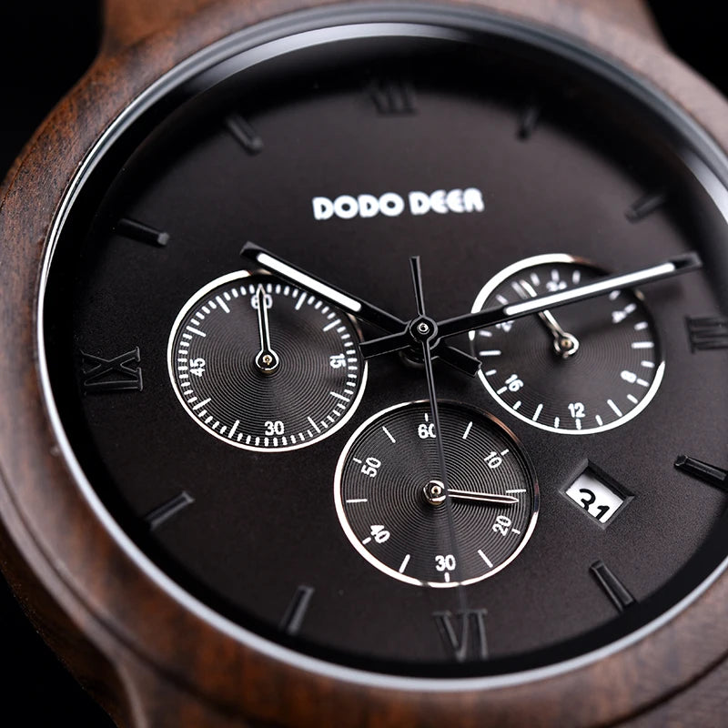 Men’s Classic Sports Wooden Watch - Round Analog Face With Date Display