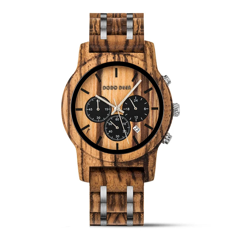 Men’s Wooden Quartz Chronographic Sports Watch - Analog Face With Luminous Hands And Time Date Display